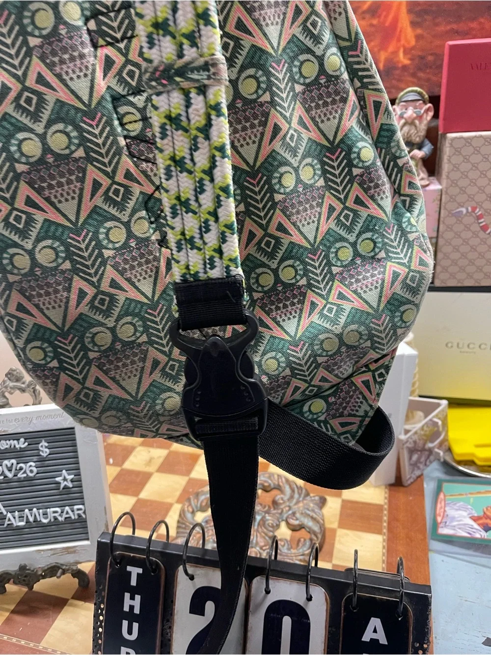 print KAVU Rope Bag featuring lime-green zippers and an owl motif accent.